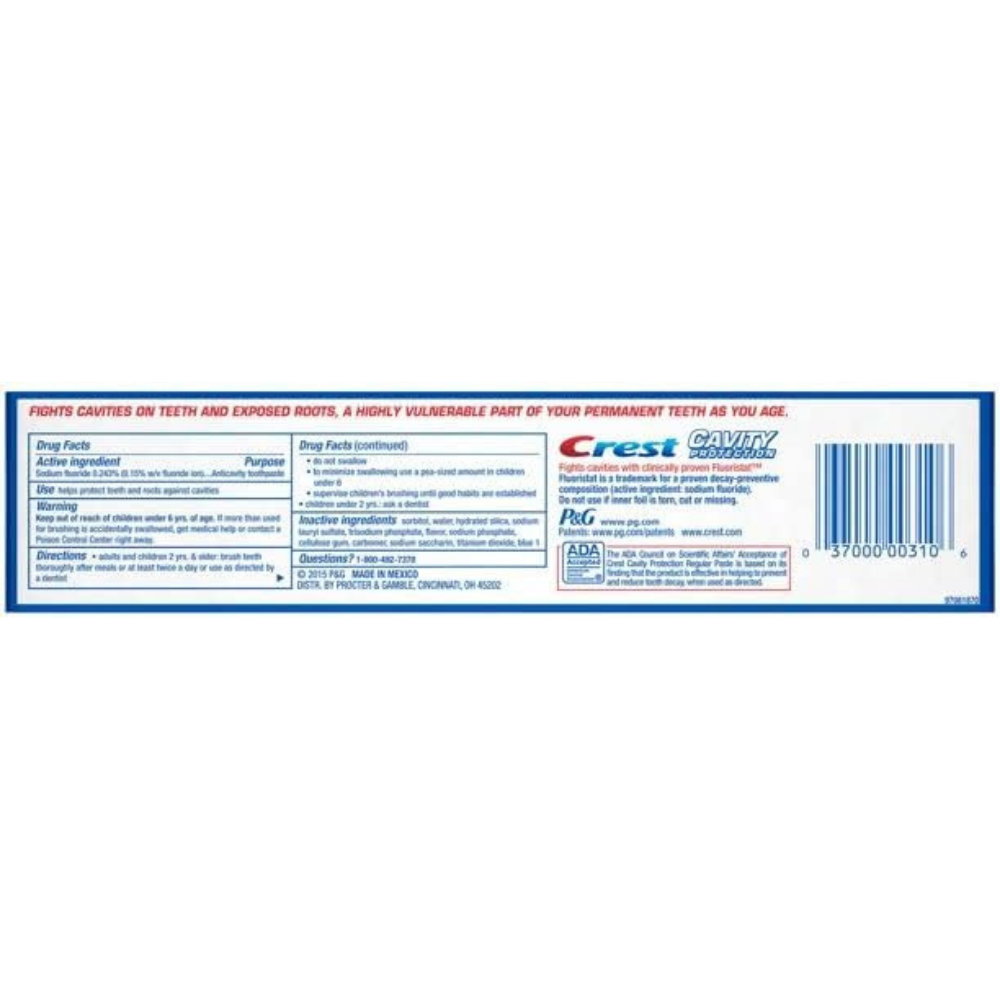 Back packaging of crest cavity protection toothpaste with ingredients and drug facts. 