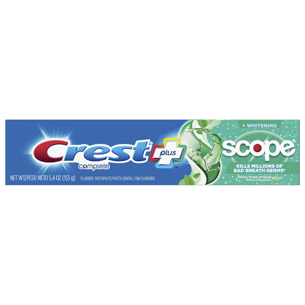 Crest complete plus + whitening scope fluoride toothpaste kills millions of bad breath germs