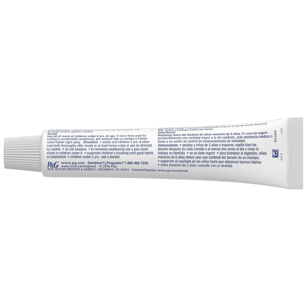 Crest complete whitening toothpaste tube back with instructions and warnings. 