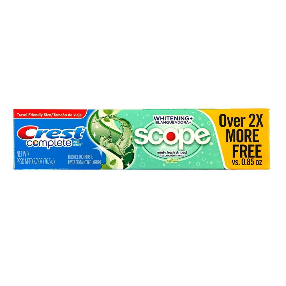Box of Crest complete whitening scope minty fresh striped toothpaste 