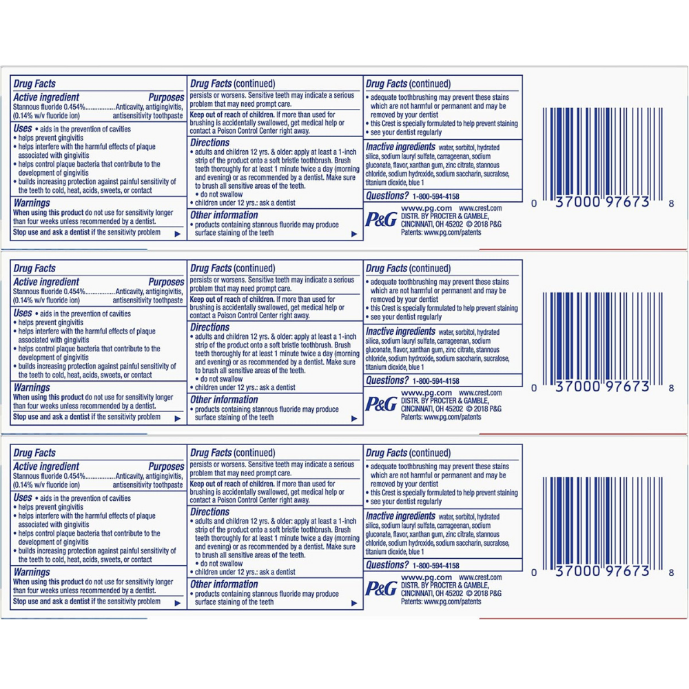 Drug facts for Crest pro-health whitening toothpaste. 