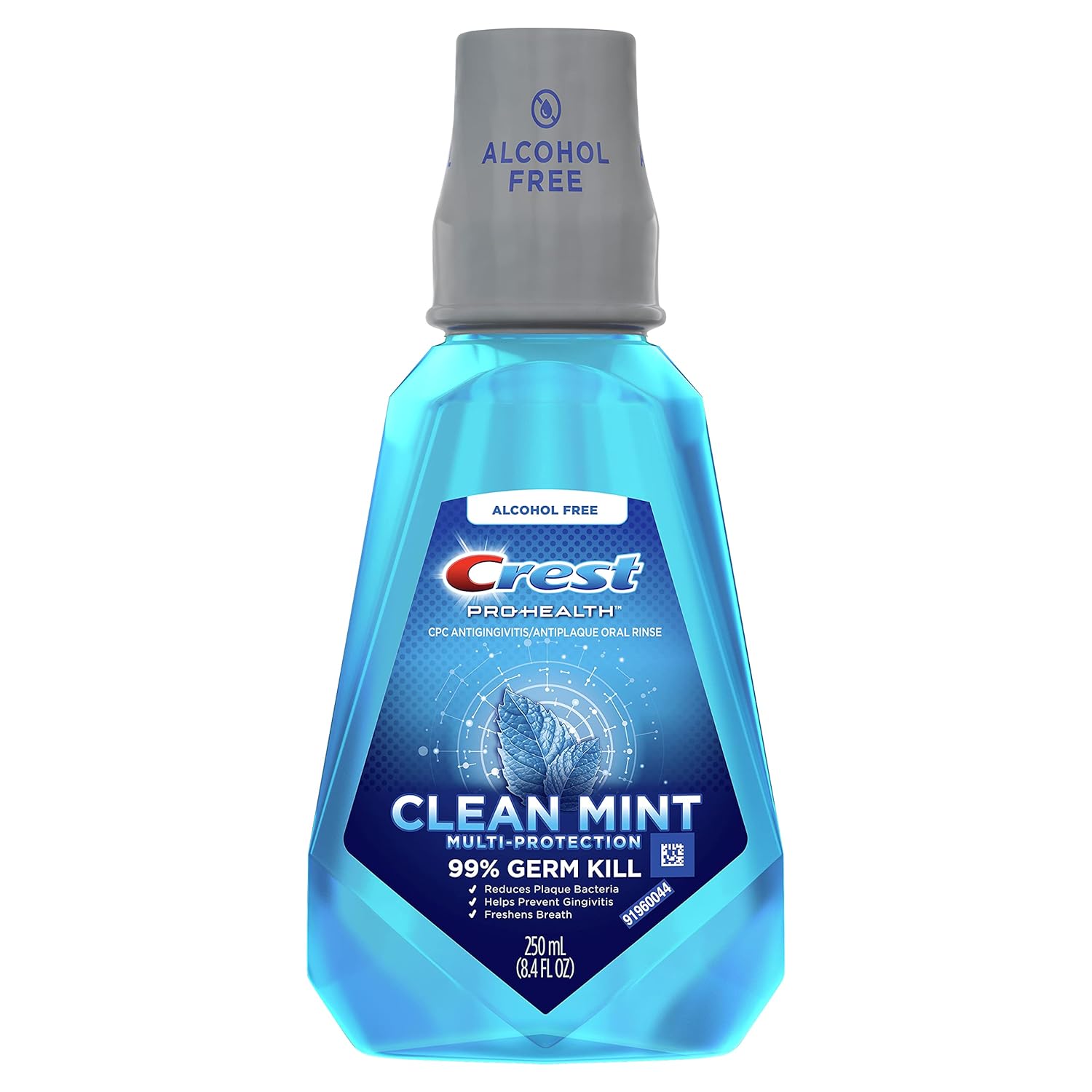 A bottle of Crest pro-health clean mint multi-protection alcohol-free mouthwash. 