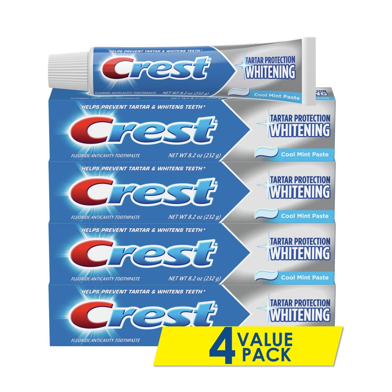 Value pack of 4 Crest fluoride anti cavity toothpaste with tartar protection whitening  in a cool mint paste to whiten teeth. 