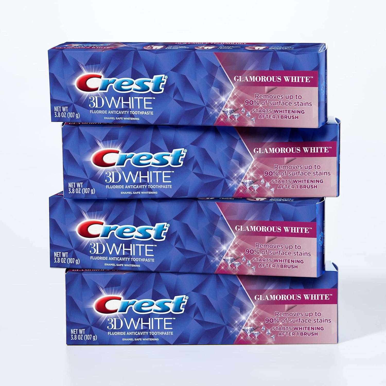Value pack of 4 Crest 3d glamorous white toothpaste boxes to remove up to 90% of surface stains. 