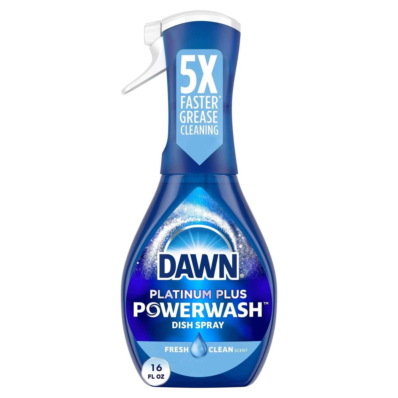 Spray bottle of Dawn platinum plus power wash dish spray with a fresh clean scent - 5x faster grease cleaning. 