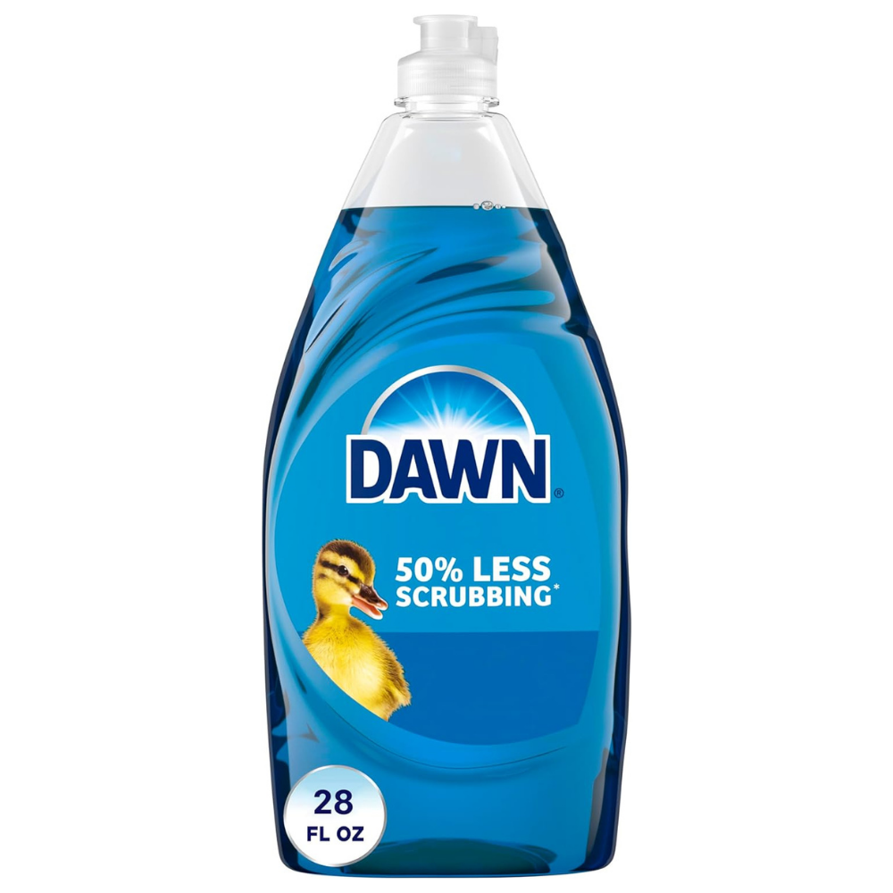 Dawn ultra dishwashing liquid for 50% less scrubbing in a 28 fl.oz bottle