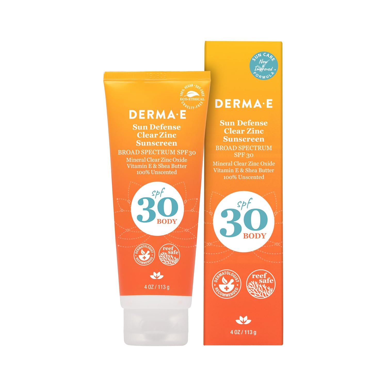 Derma-E Sun Defense Clear Zinc Sunscreen SPF 30 tube with mineral clear zinc oxide, vitamin E & shea butter