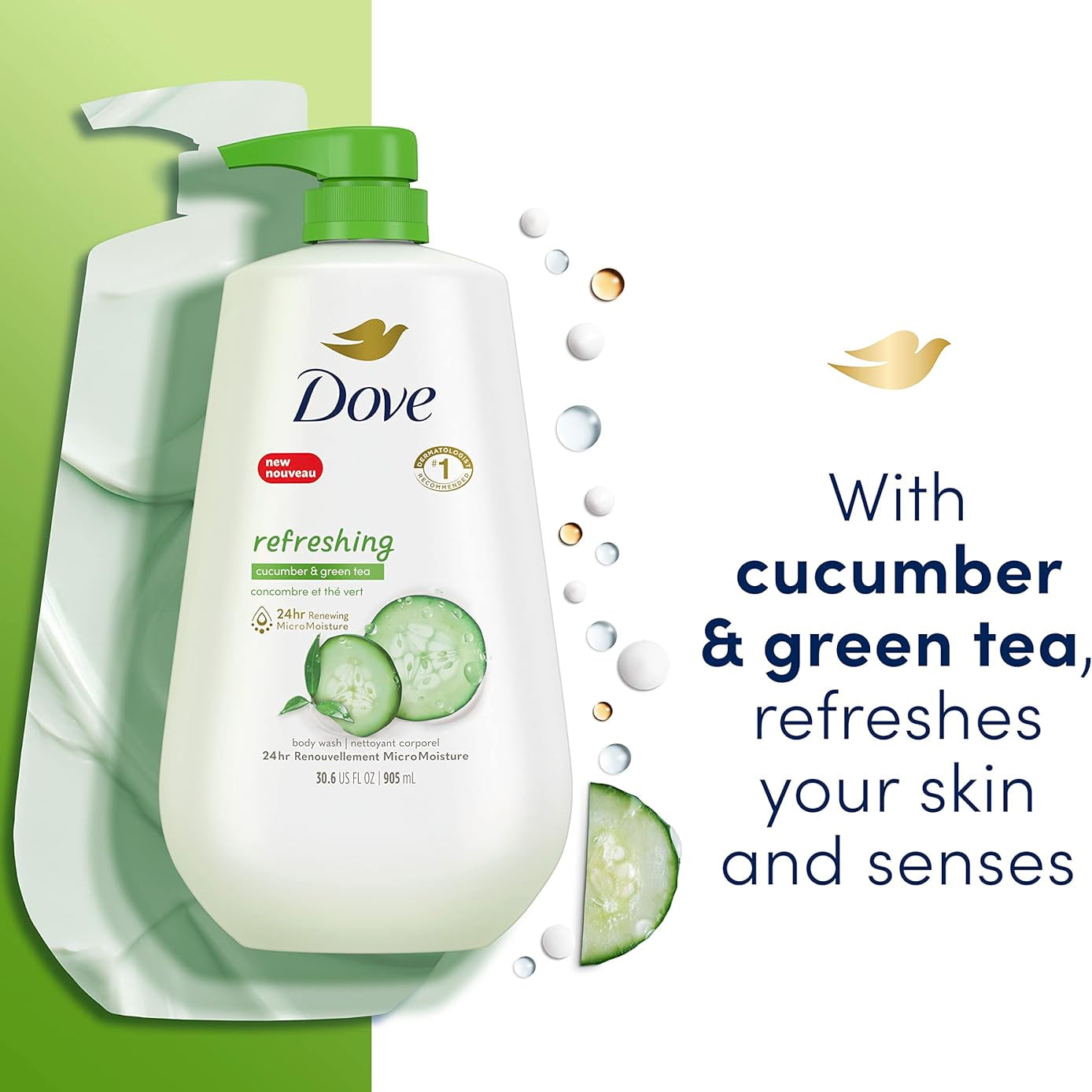 Bottle of Dove refreshing cucumber and tea body wash and body lotion to refresh your skin and senses. 