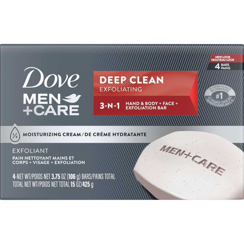 Dove men+care deep clean exfoliant hand, face and body soap bar with moisturizing cream. 