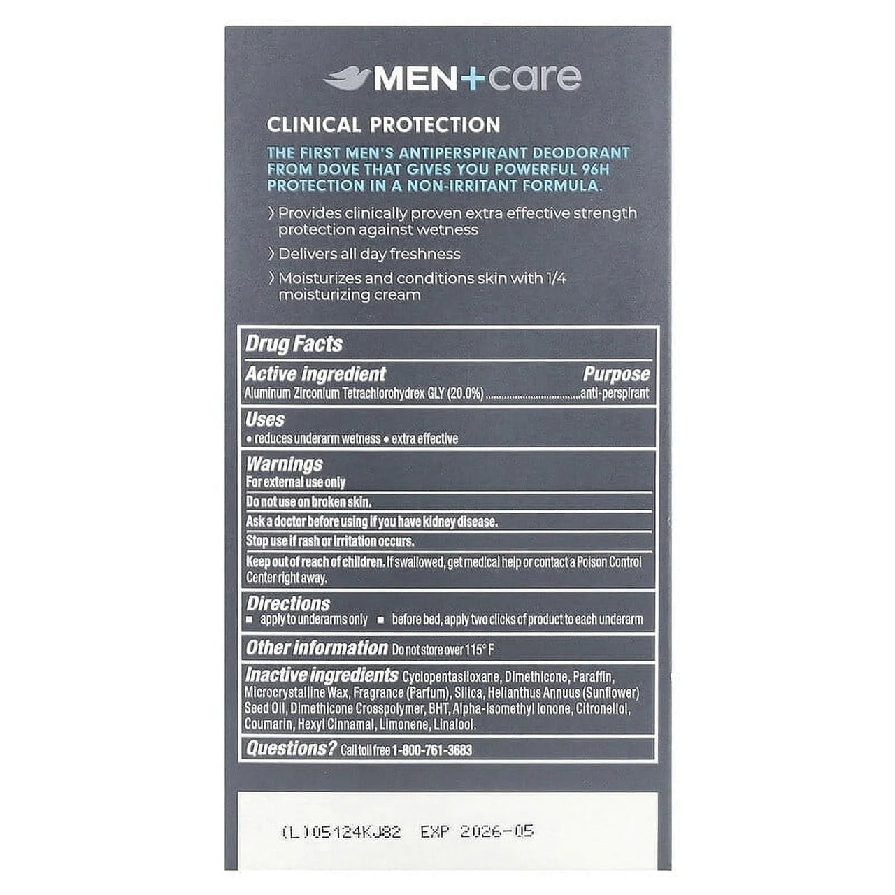 Dove men+care clinical protection, the first mens antiperspirant deodorant with 96h protection formula. 