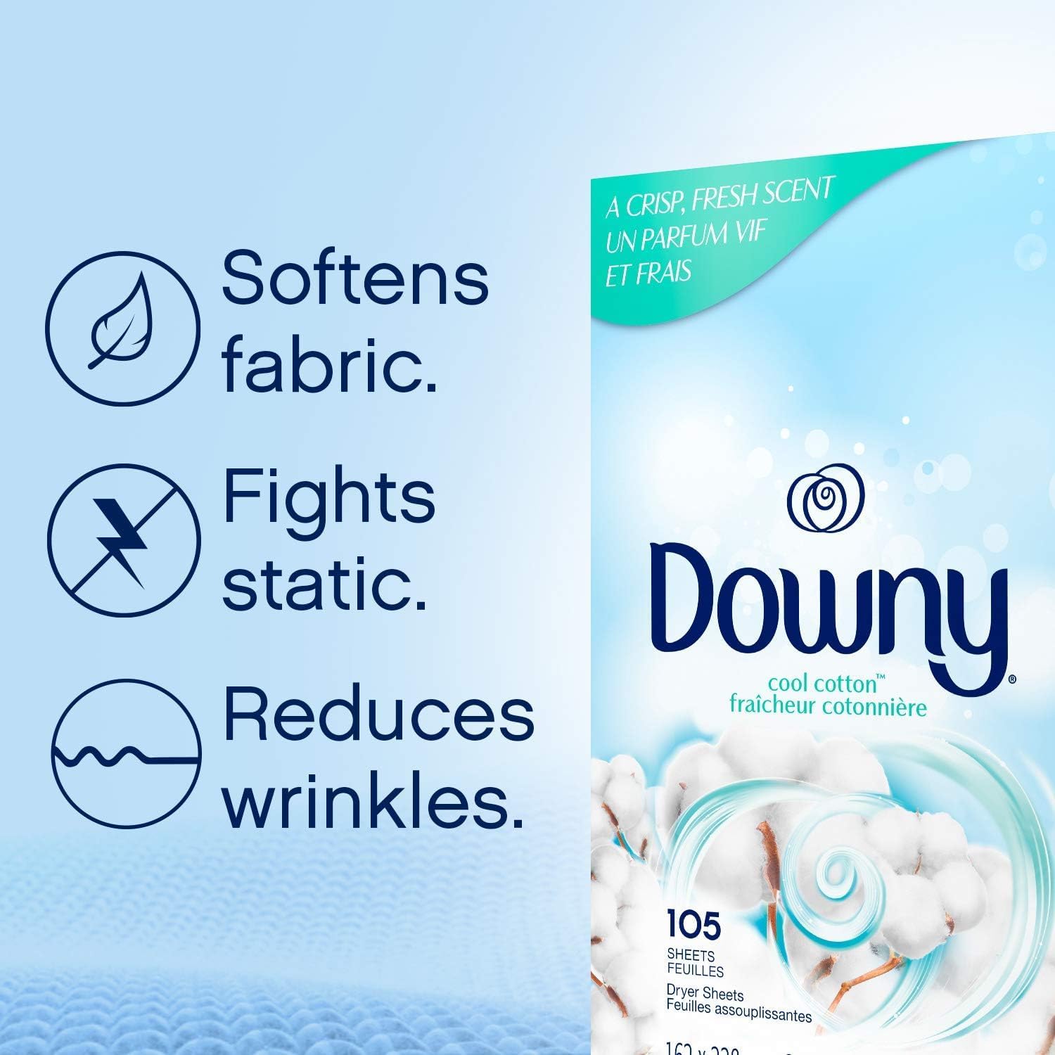 Downy fabric softener dryer sheets to soften fabrics, fight static and reduce wrinkles to keep clothes looking great