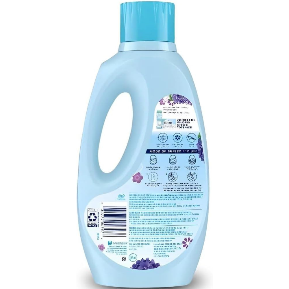 Back of bottle of Downy fresh liquid fabric softener in Lavender scent with directions and warnings. 