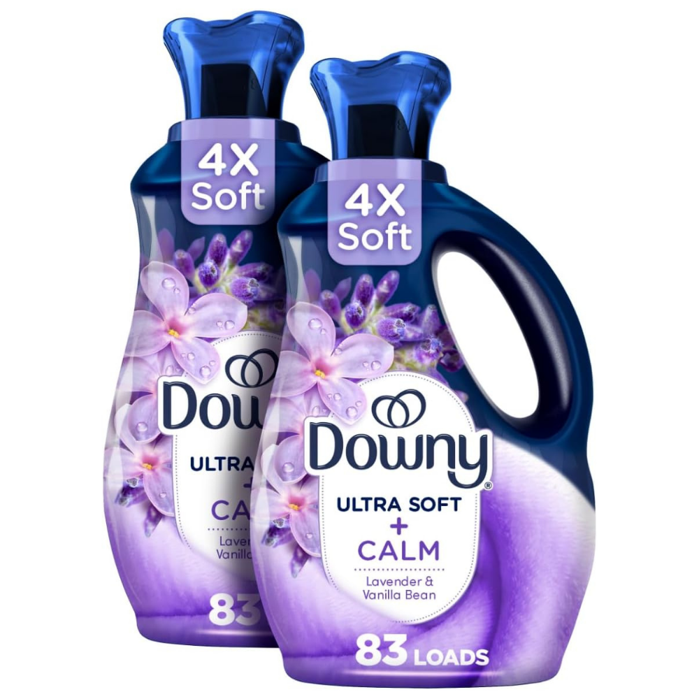 Two bottles of Downy Ultra Soft + Calm fabric softener with lavender and vanilla fragrance