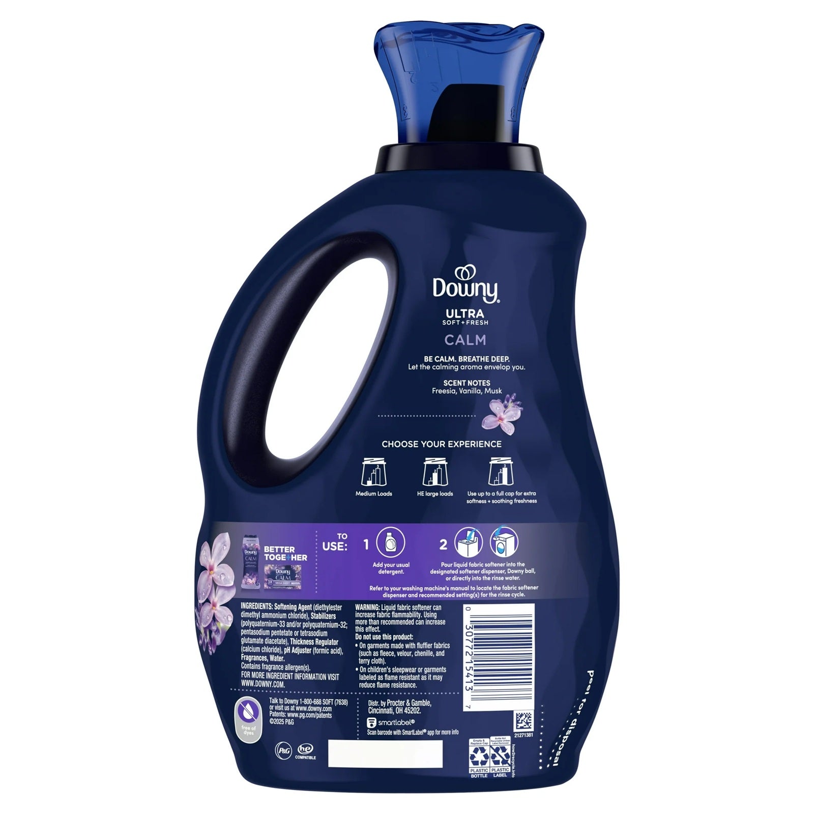Back of a bottle of Downy Ultra fabric softener with warning and info