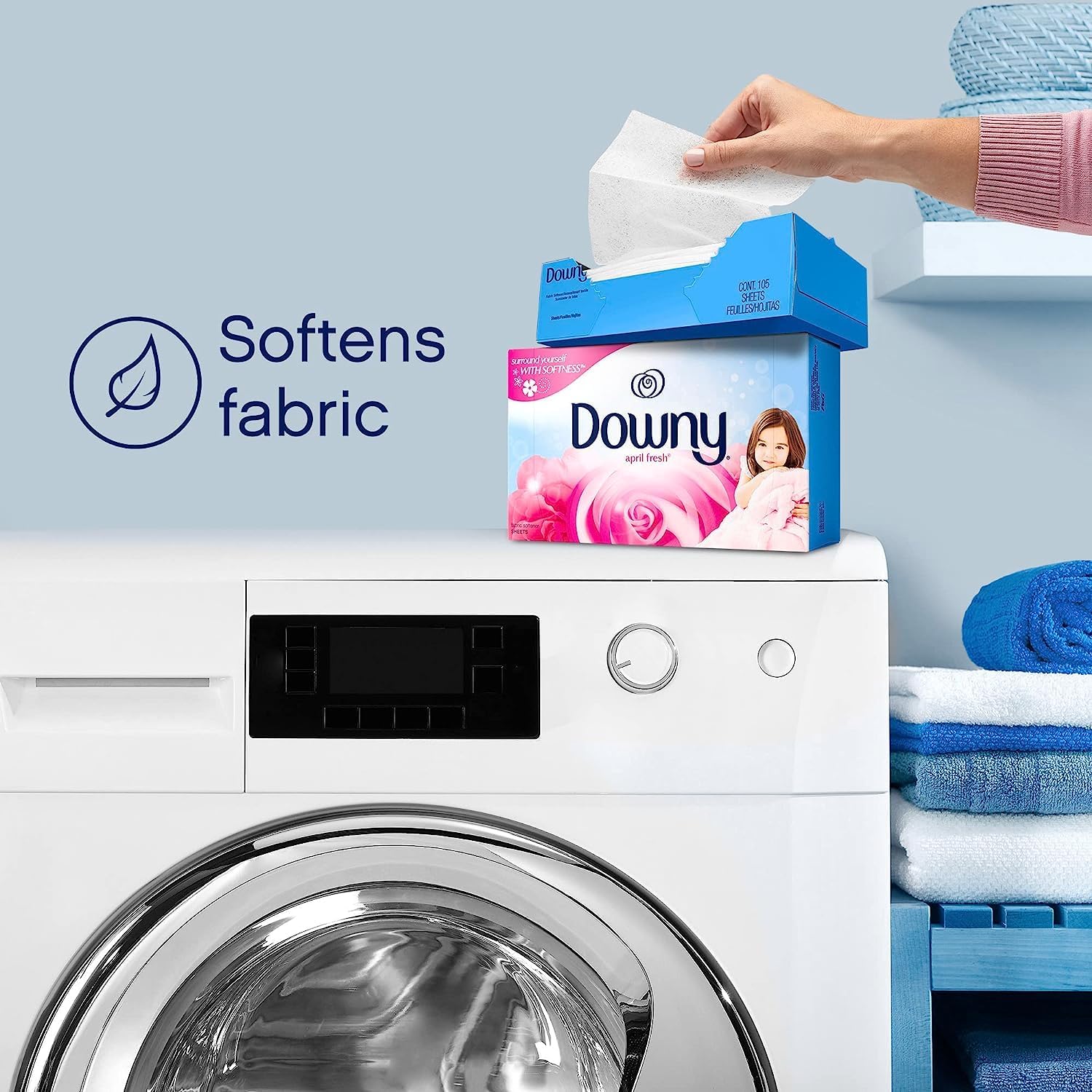 Box of Downy tumble dryer sheets in April fresh scent to soften fabric. 