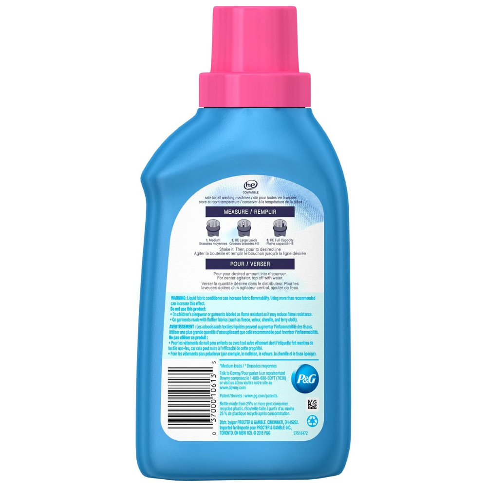 Back of a bottle of downy ultra April Fresh liquid fabric softener - 23 Loads, 19 Oz