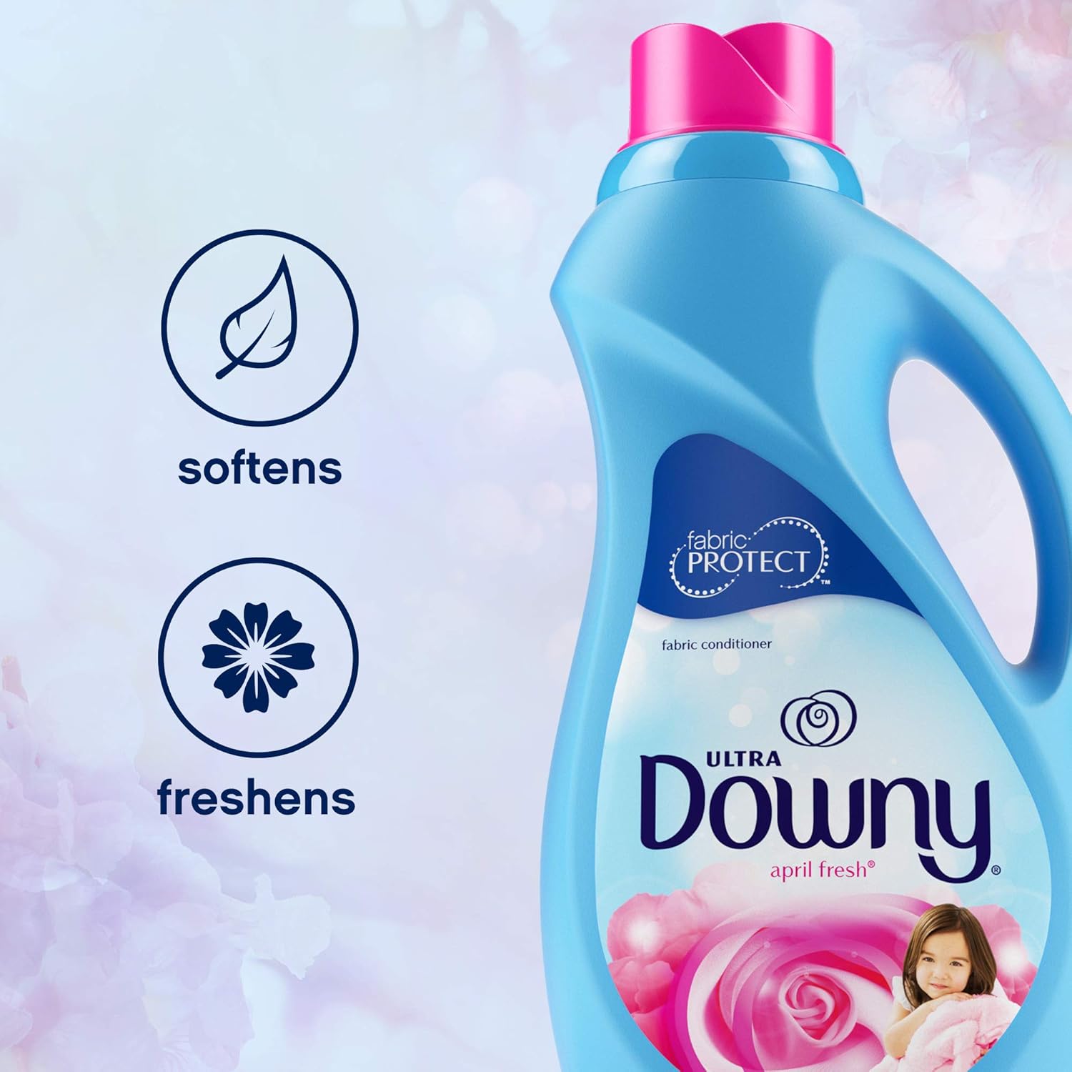 Downy ultra fabric softener in April fresh scent to soften and freshen clothes. 