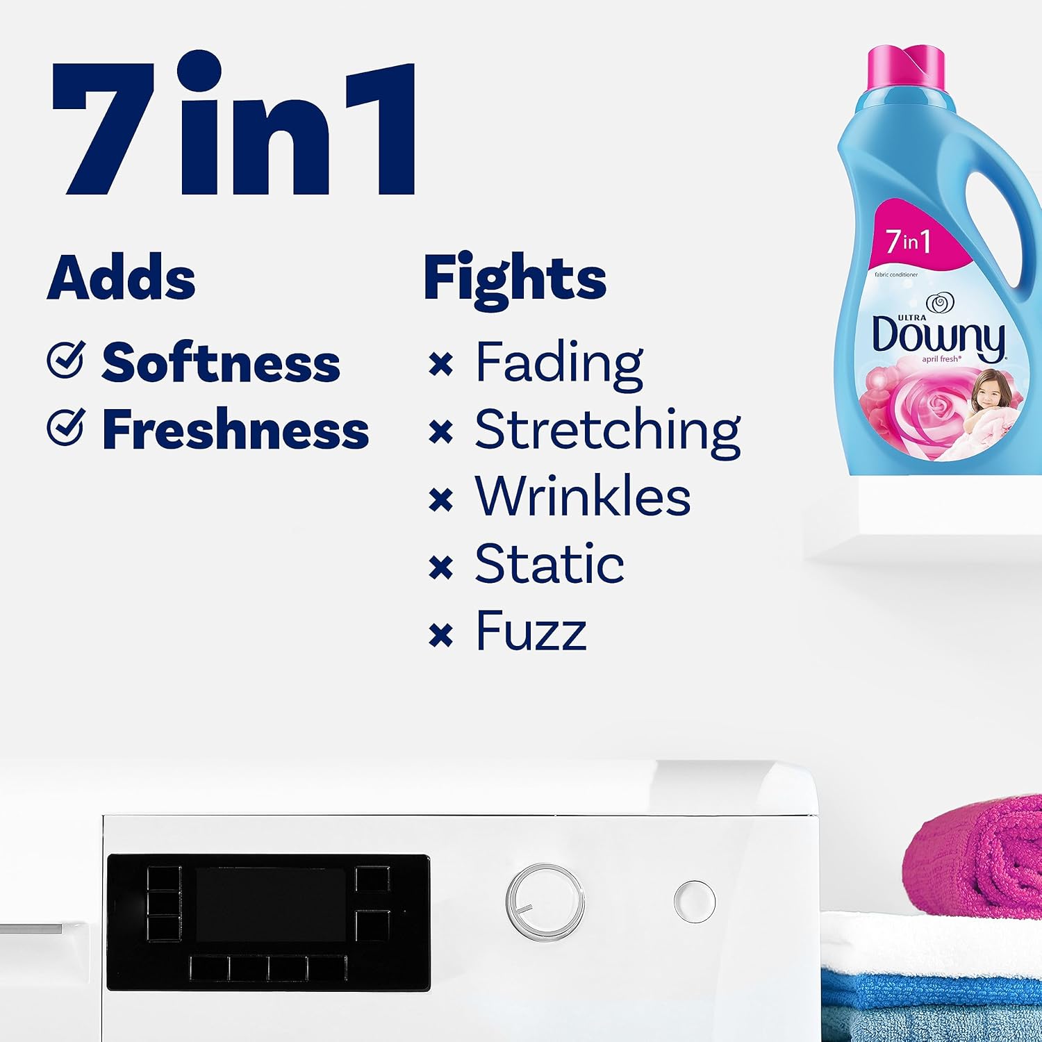 Downy ultra fabric softener is 7 in one adding softness, freshness whilst fighting fading, stretching, wrinkles, static and fuzz in clothes. 