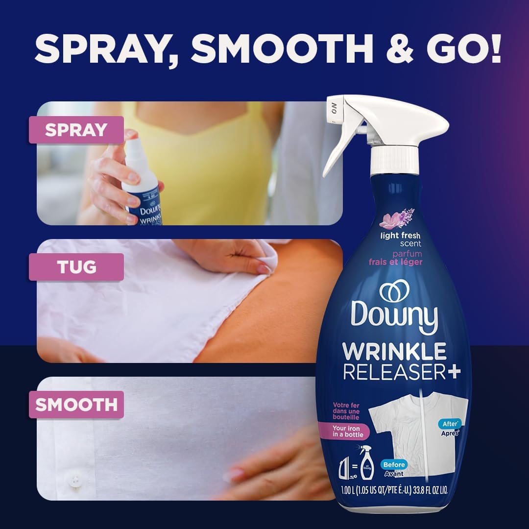 Downy wrinkle releaser plus in light fresh scent is like an iron in a bottle - simply spray, smooth and go