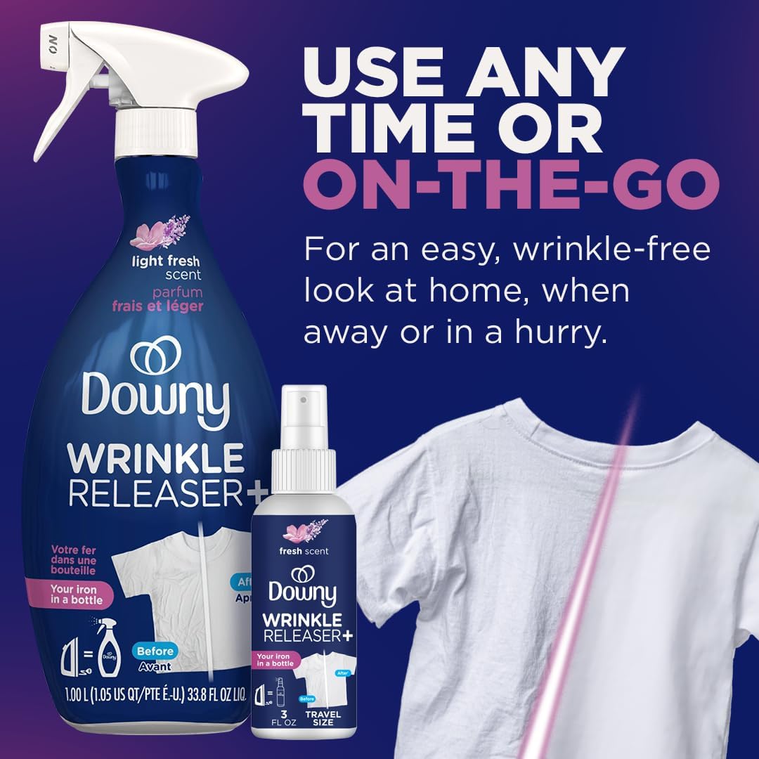 Downy wrinkle releaser plus with light fresh scent is a use any time or on the go spray for ironed clothes anywhere. 