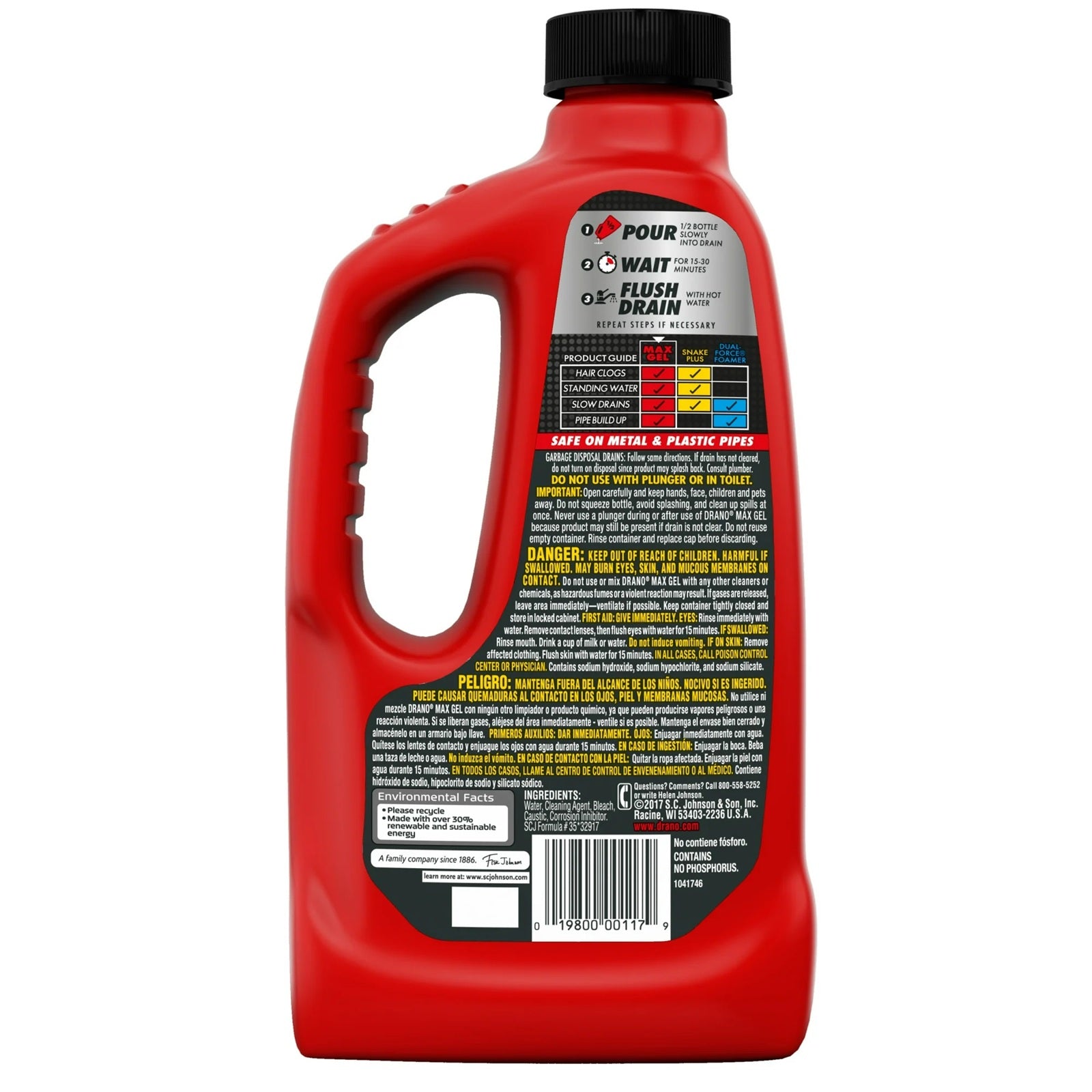Bottle of Drano Max Gel Clog remover clears hair clogs, standing water, slow drains and pipe build-up. 