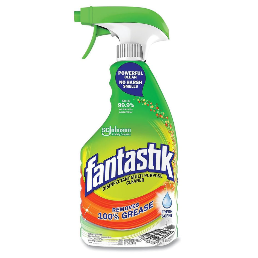 Trigger spray bottle of Fantastik disinfectant multi-purpose cleaner removes 100% grease with a fresh scent