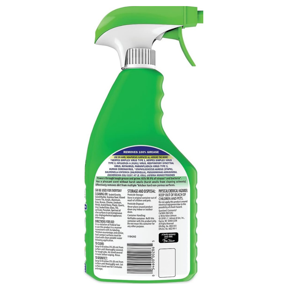 Back of a trigger spray bottle of Fantastik disinfectant multi-purpose spray with directions and warnings.