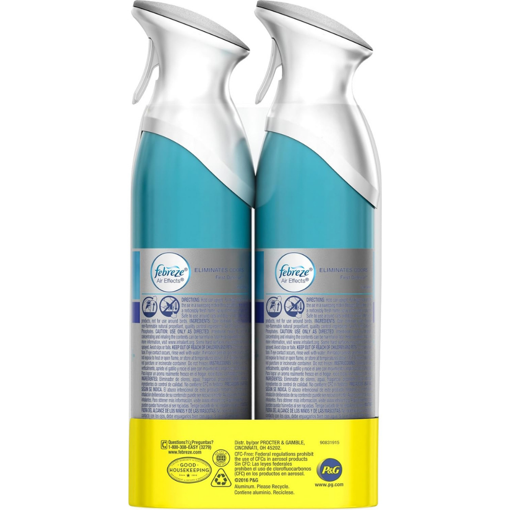 Two Febreze air freshener spray bottles with directions and warnings