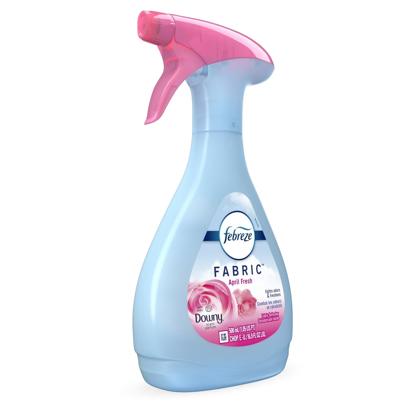 Spray of Febreze fabric refresher in April fresh with Downy scent fights odors and freshener. 