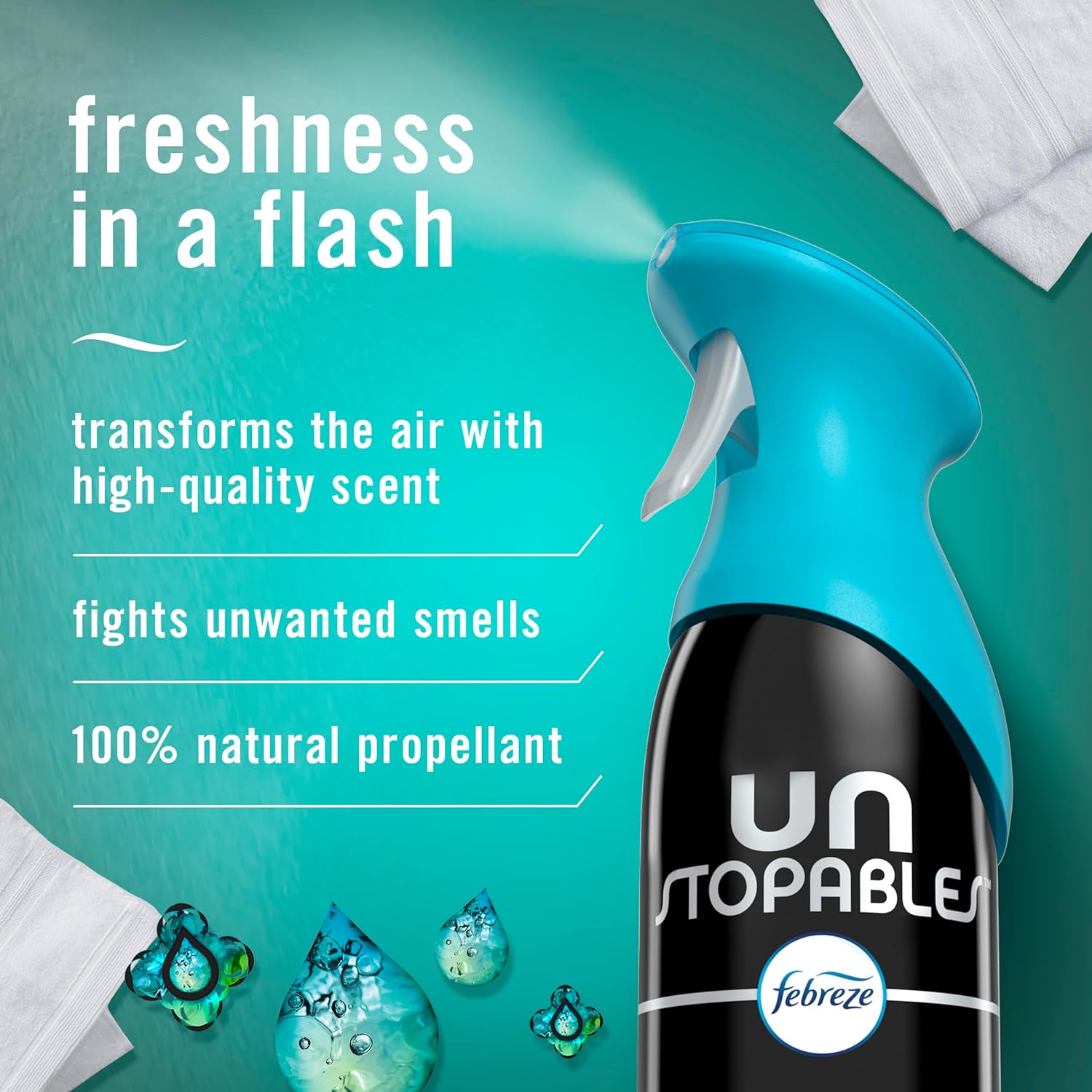 Febreze unstopable air fresh spray for freshness in a flash to transform the air with high-quality scent , fight unwanted smells with 100% natural propellant