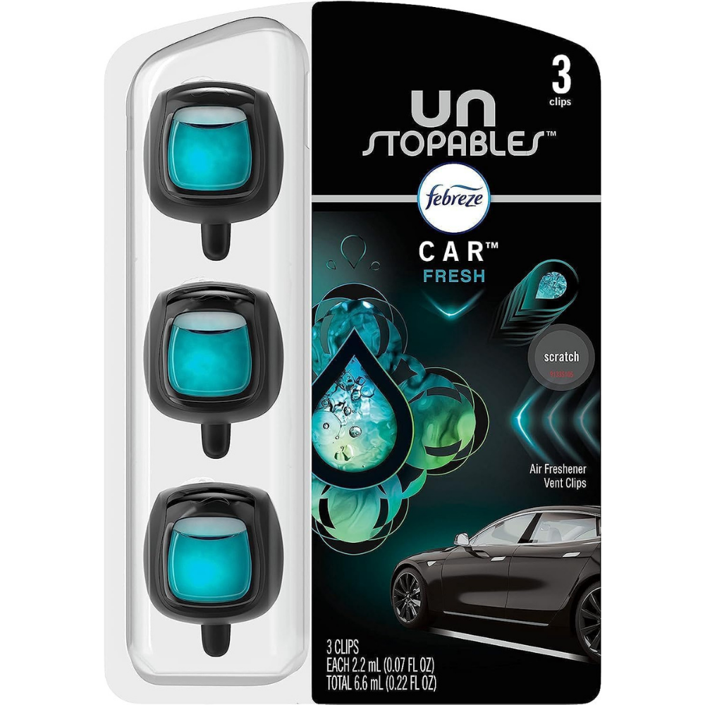 Unstopables febreze car fresh air freshener vent clips packaging with black and white design.