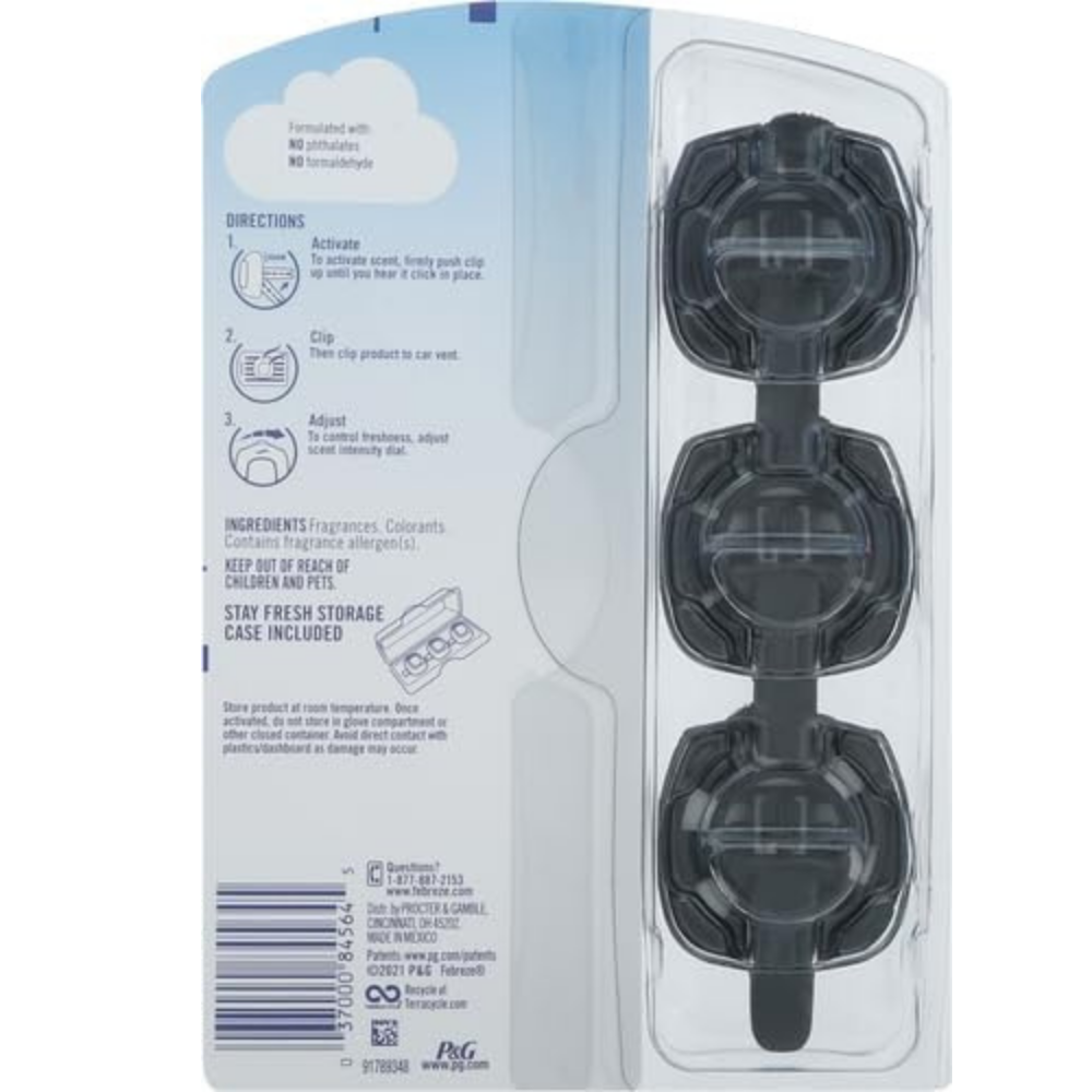 Packaging of black Febreze Unstoppable car air fresheners with directions and ingredients on a white background