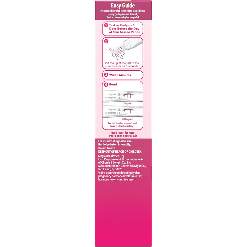 Pink packaging for first response early pregnancy test with guide and warning