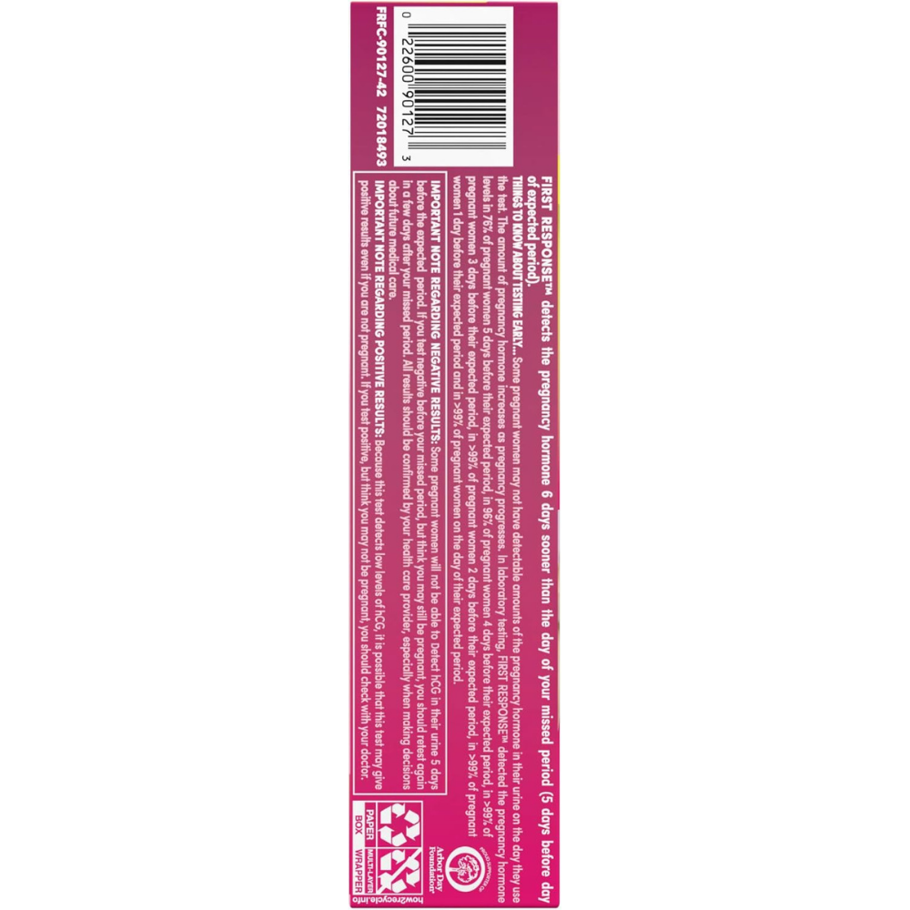 Box of first response early pregnancy test with directions and warning.
