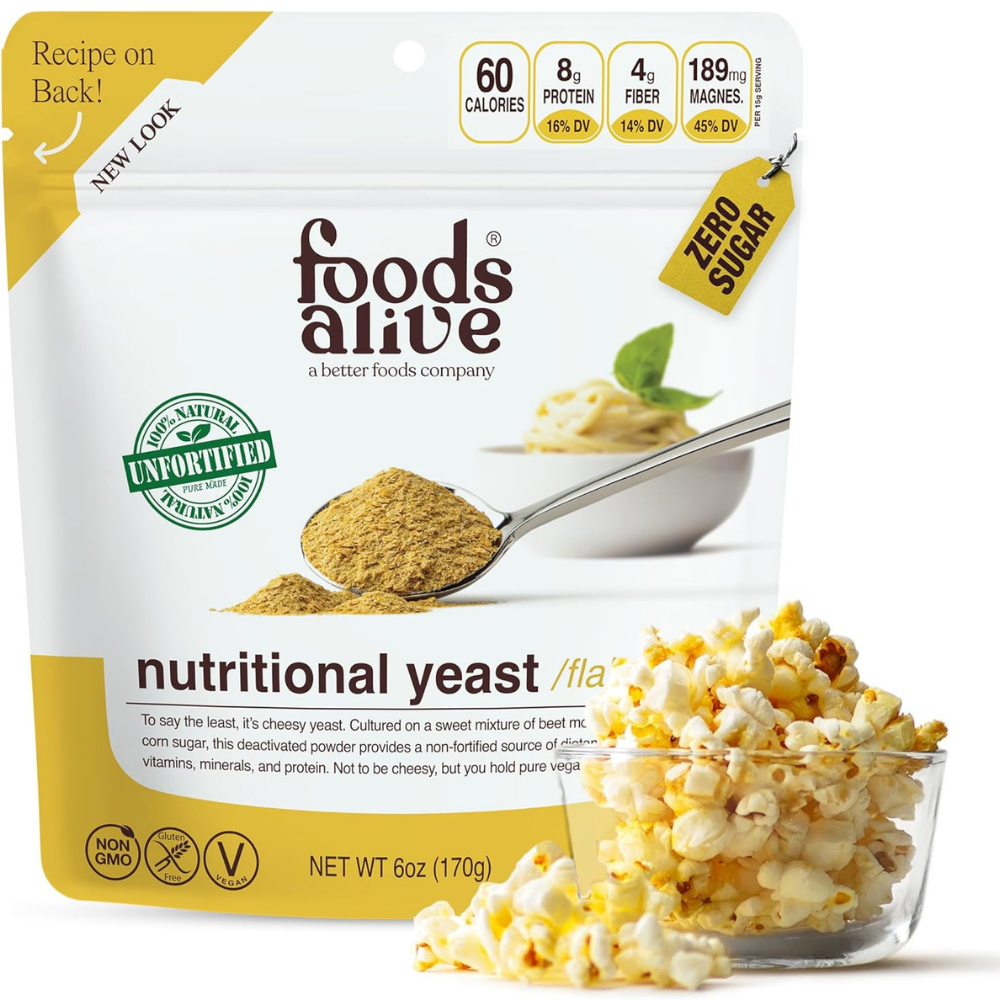 Packaging of foods alive nutritional yeast (sugar free) with a bowl of popcorn