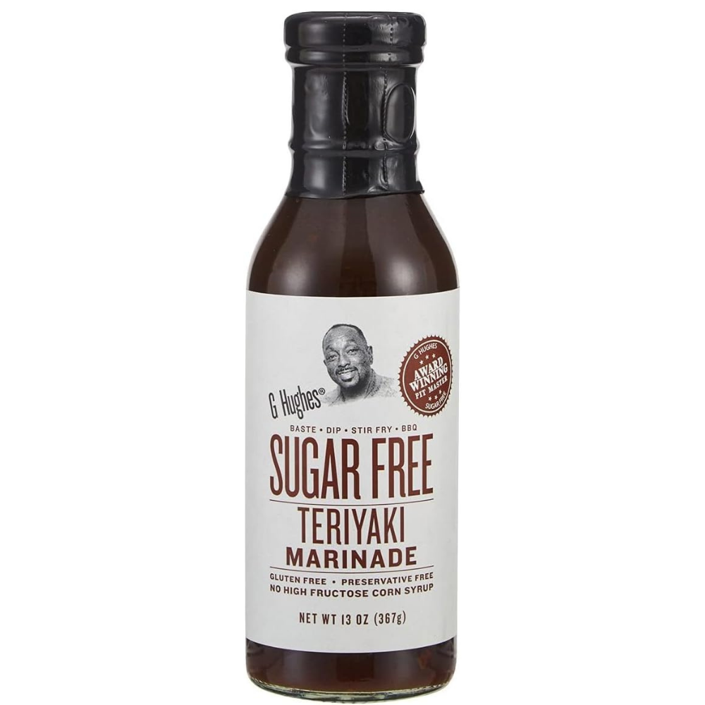Bottle of G Hughes sugar free teriyaki marinade - gluten free & sugar free award winning marinade