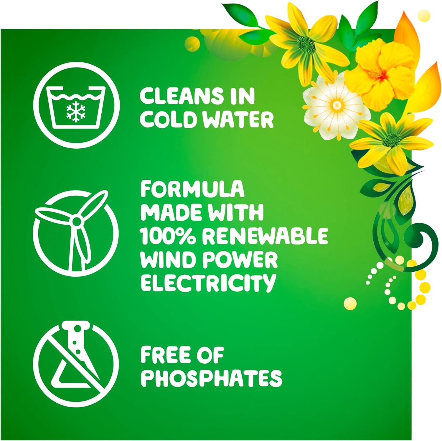 Gain original liquid laundry detergent is a formula made with 100% renewable wind power and cleans in cold water. 
