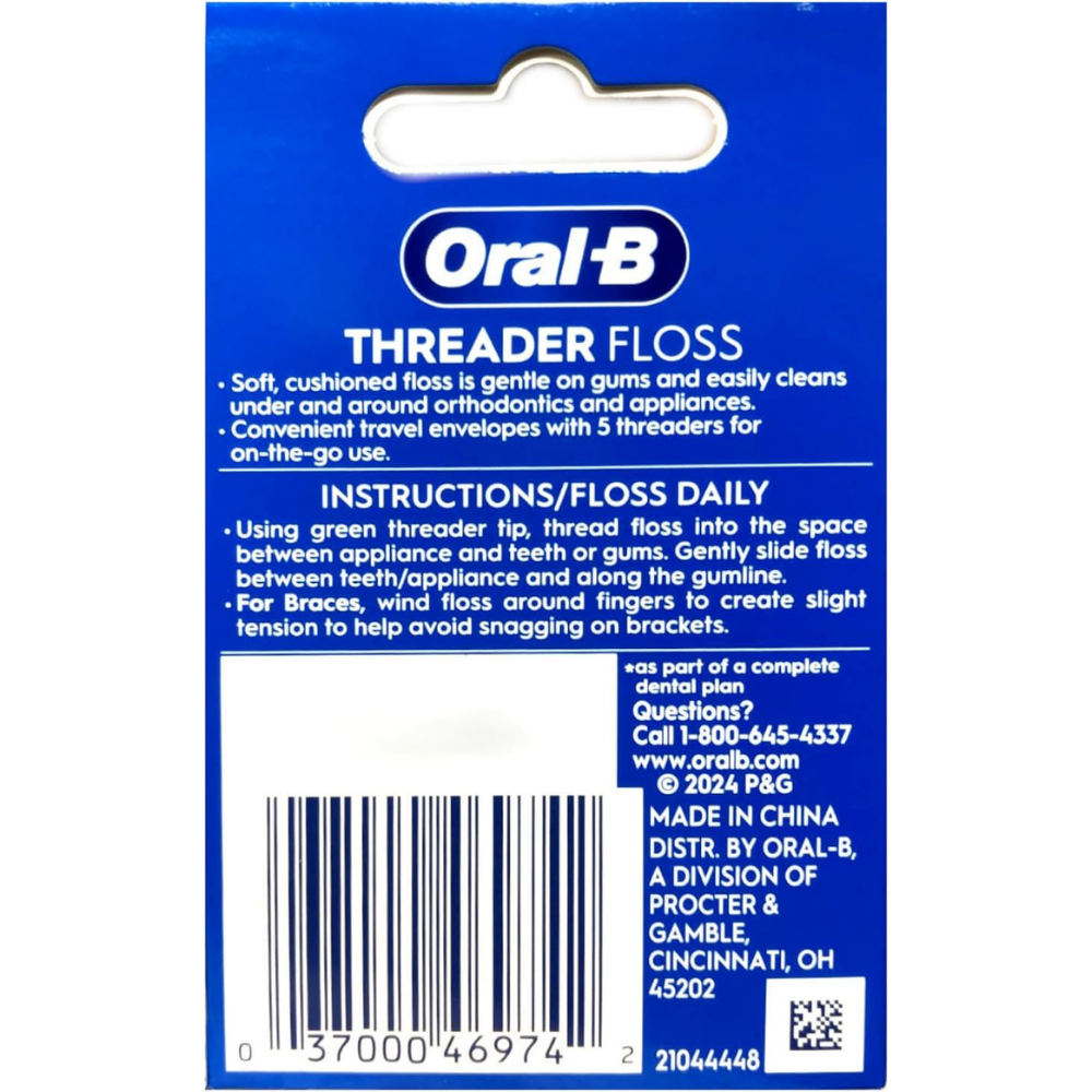 Pack or Oral-B threader floss packaging with instructions and information