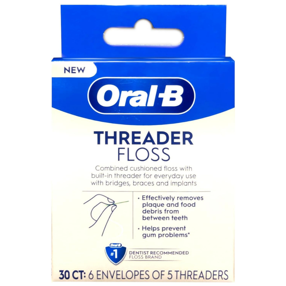 Packet of Oral-B threader floss to remove plaques and improve oral health. 