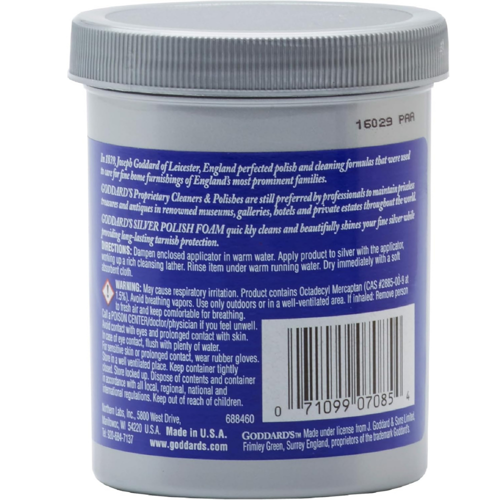 Back of Goddard silver shine polish container with directions and warnings. 
