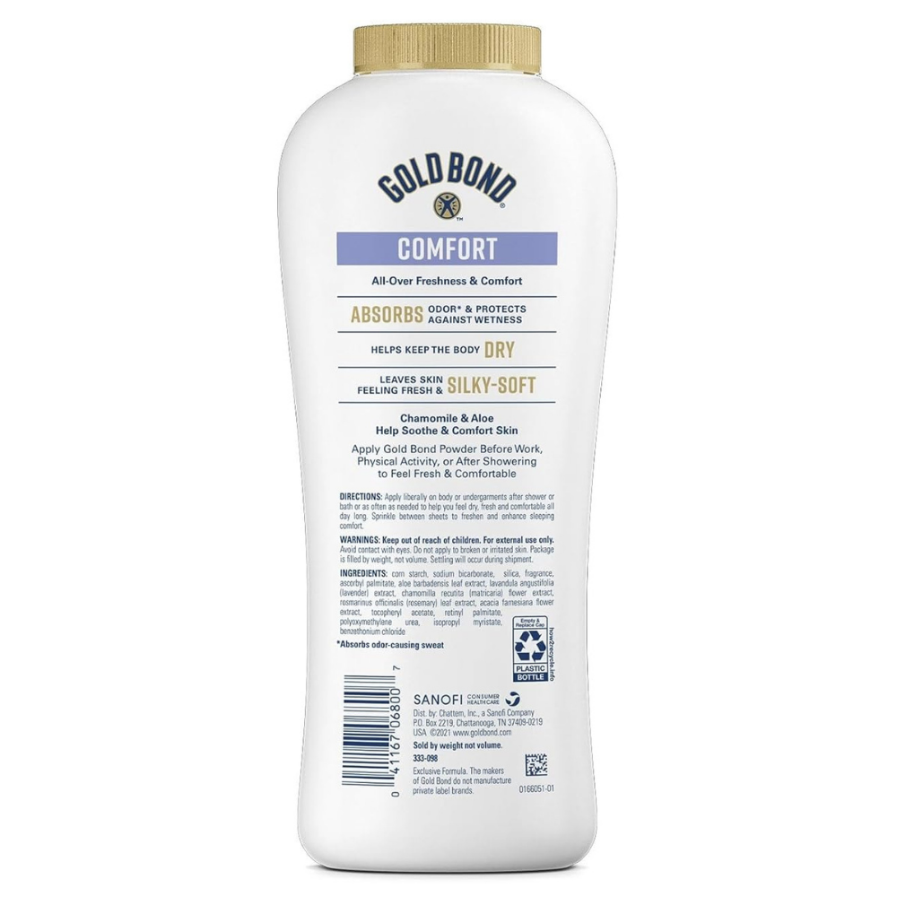 Back of Gold Bond comfort powder for all over freshness & comfort to leave the body dry and silky soft