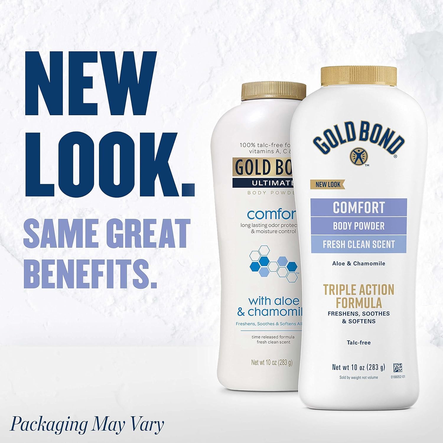 New look for the same great Gold Bond body powder with a fresh clean scent and aloe & chamomile infusion 