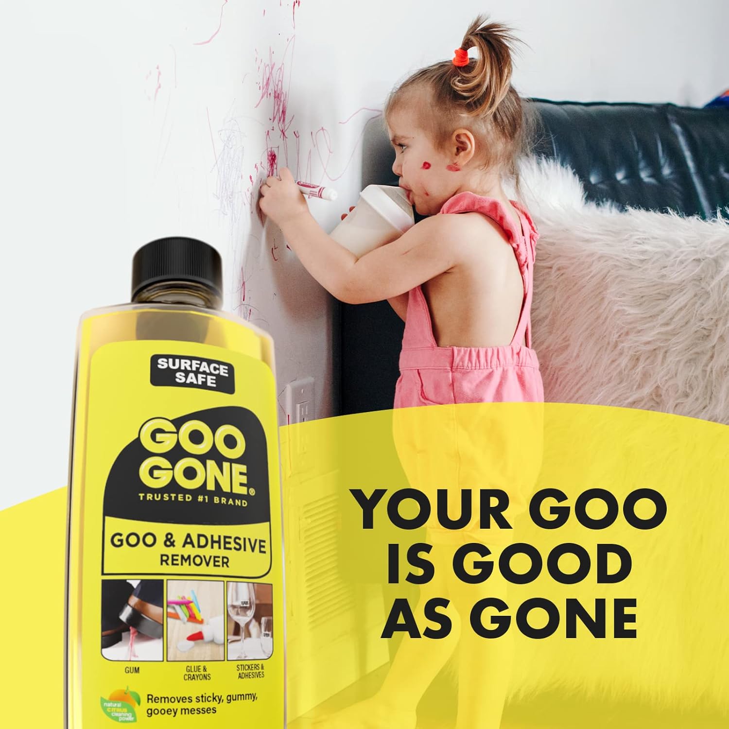 Goo Gone surface safe cleaner, removes sticky, gummy and gooey messes to keep homes clean. 