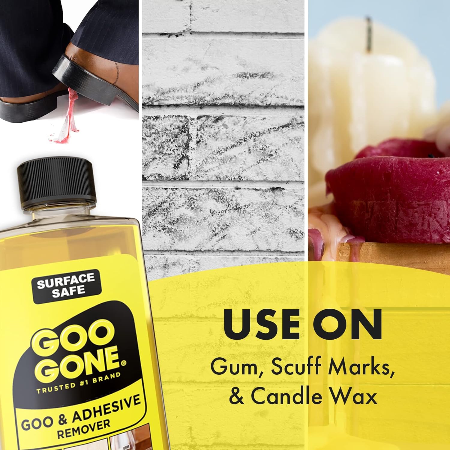 Goo Gone surface safe adhesive remover is great for use on gum messes, scruff marks and candle wax. 
