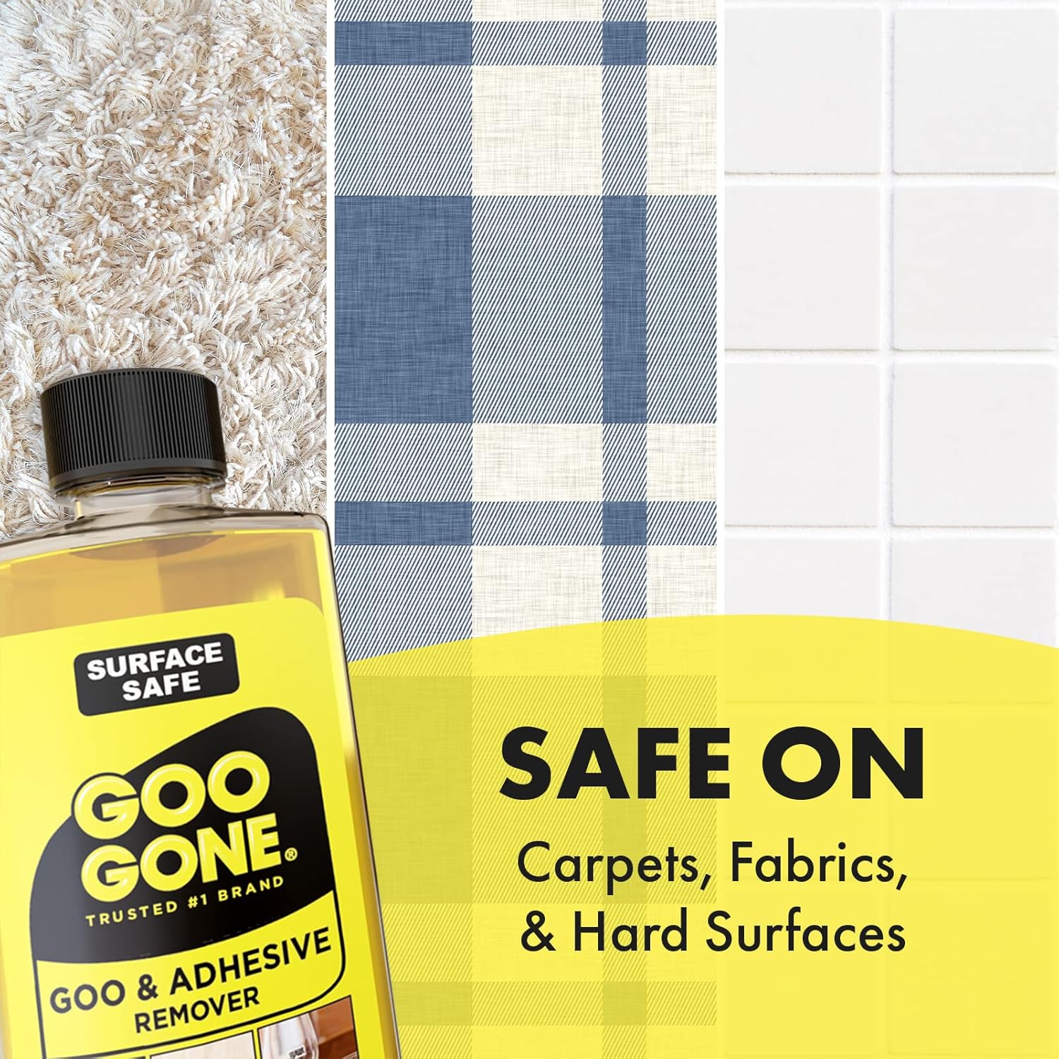 Goo Gone surface safe adhesive remover for safe use on carpets, fabric messes & hard surfaces. 