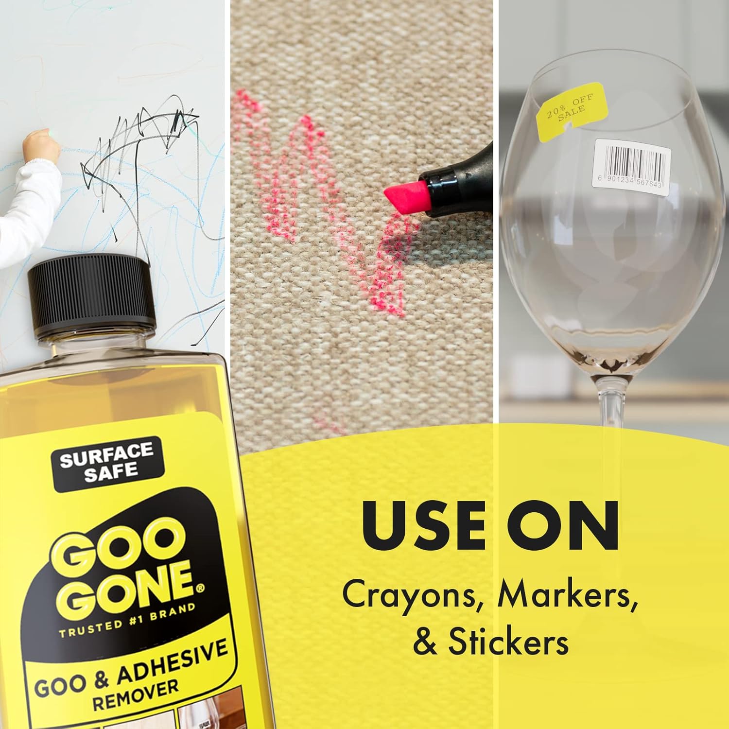 Goo Gone surface safe adhesive remover for use on crayon stains, markers and stickers. 