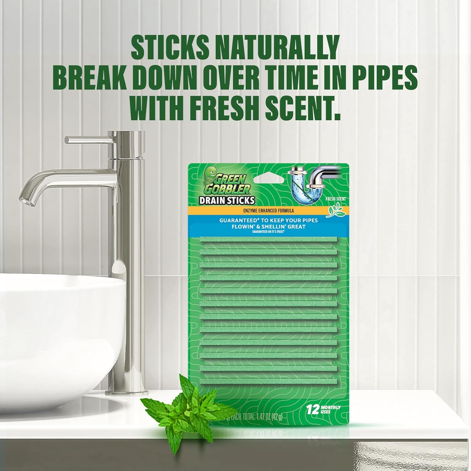 Green gobbler drain sticks naturally break down over time in pipes with fresh scent to eliminate odors and pipe clogs.  