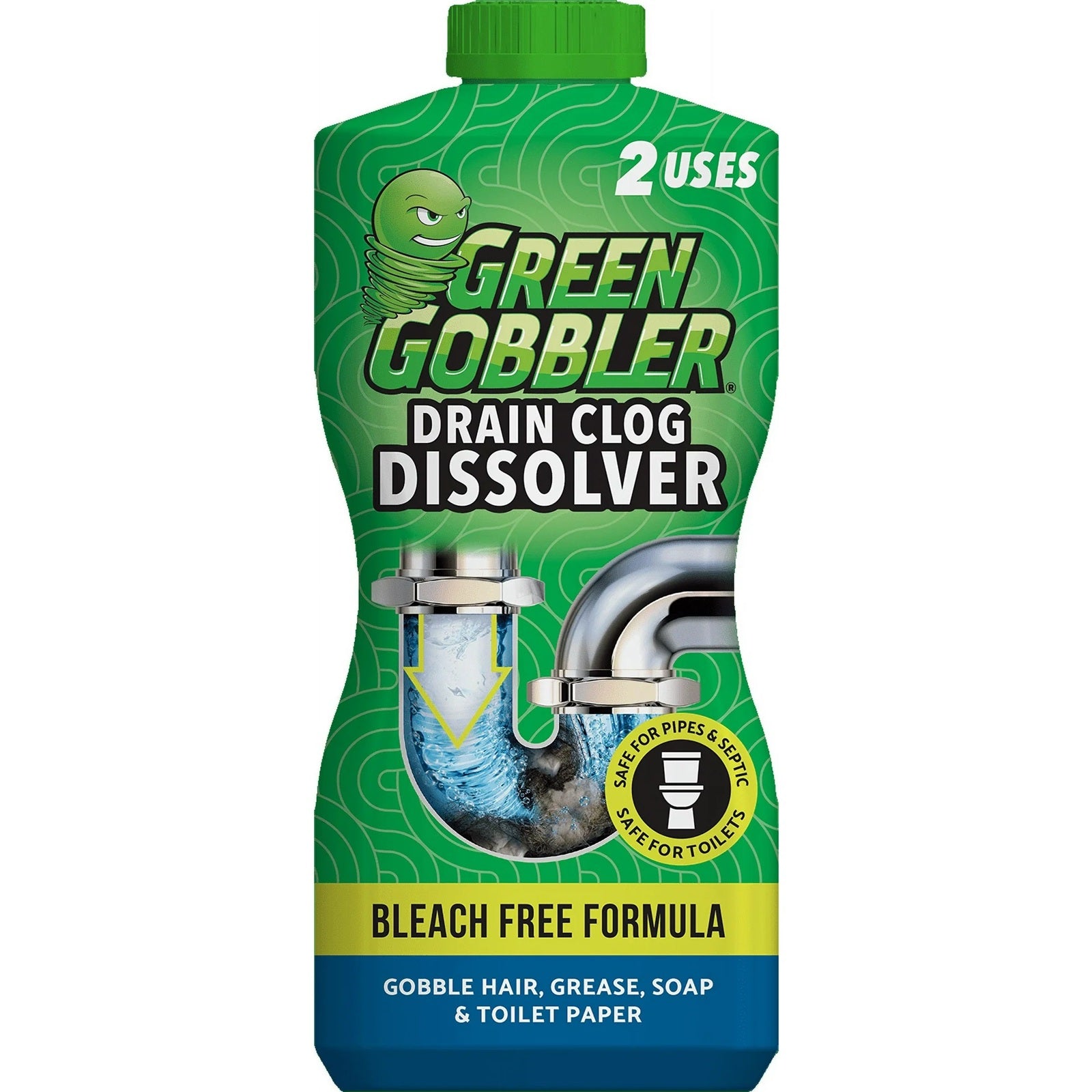 Green Gobbler drain clog dissolver bottle with bleach-free formula, great for removal of hair, grease, soap and toilet paper. 