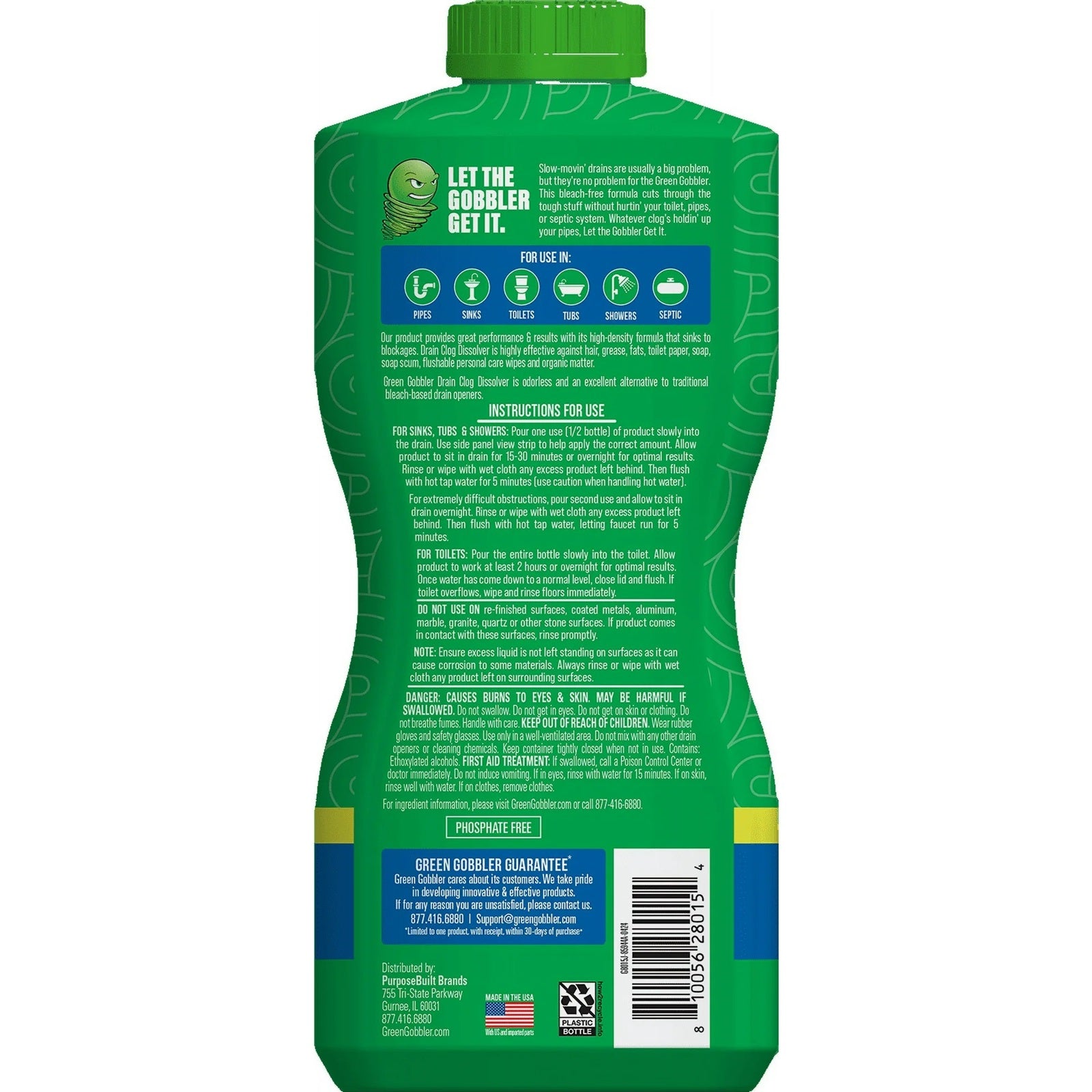 Green Gobble drain clog dissolver is great for use in pipes, sinks, toilets and more. 
