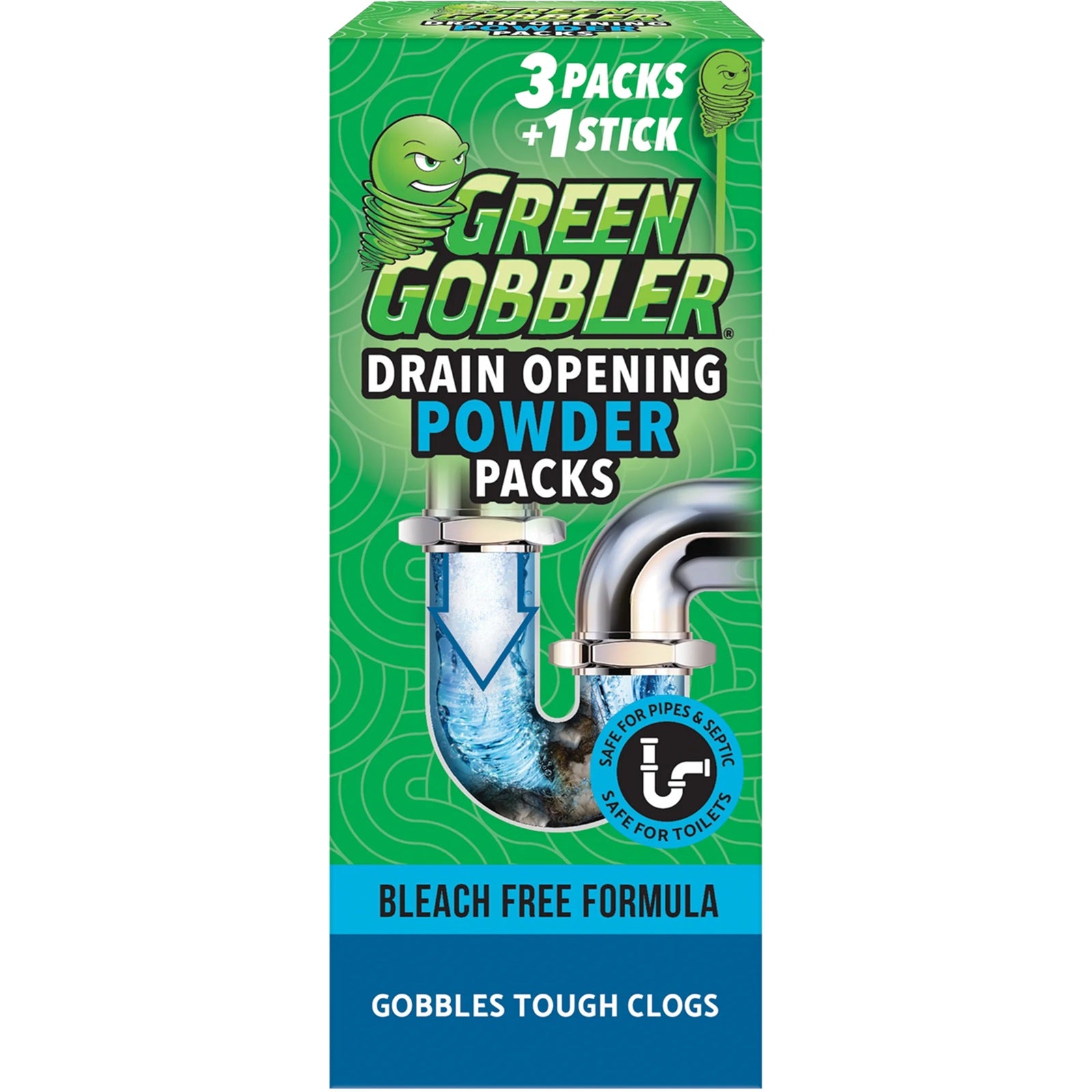 Green Gobbler drain opening powder packs is safe for pipes, toiles and septics - removes tough clogs. 